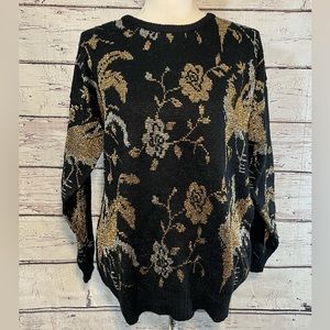 DIANA MARCO Vintage 80's Crewneck Sweater Black w Gold/Silver Floral Design-M/L